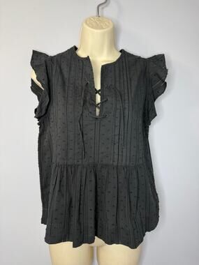 ALEX MILL Cotton Ruffle Sleeve Blouse Tie Front Short Sleeve Black Sz XS